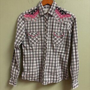 Panhandle Rough Stock Women Shirt Sz S Pearl‎ Snap Embroider Texas Cowgirl Rodeo